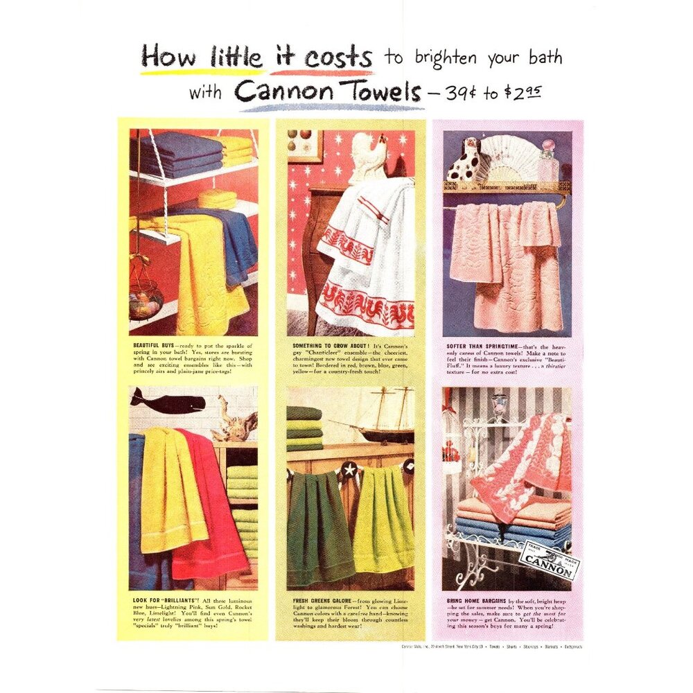 1952 Cannon Towels Textiles Vintage Print Ad Bathroom Linen Closet 50s Wall Art